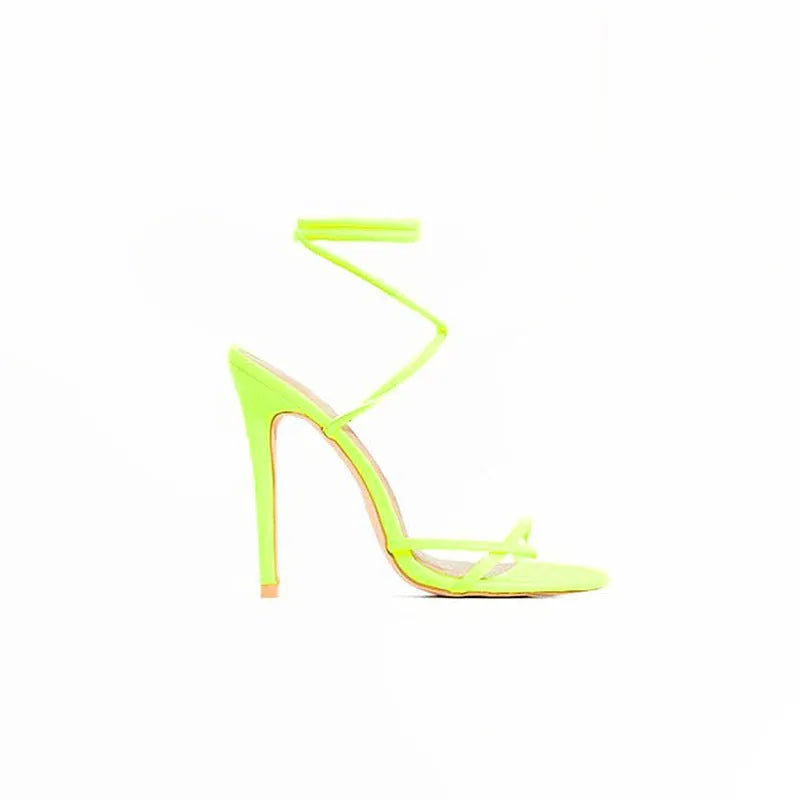 Candy bright toe strap high heels with microfiber upper and rubber sole in black, orange, rose red and yellow