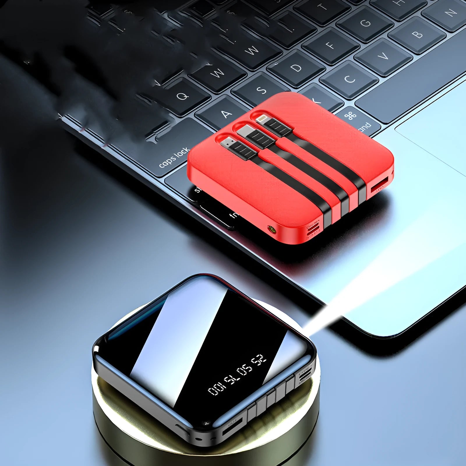 Black and red Mirror three-wire power bank with attached USB cable, showing compact size.