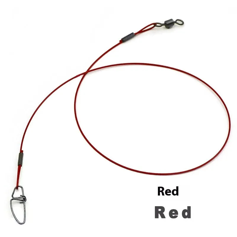 Ten 54cm long steel wire double buckle fishing pins in green, black, and red colours.