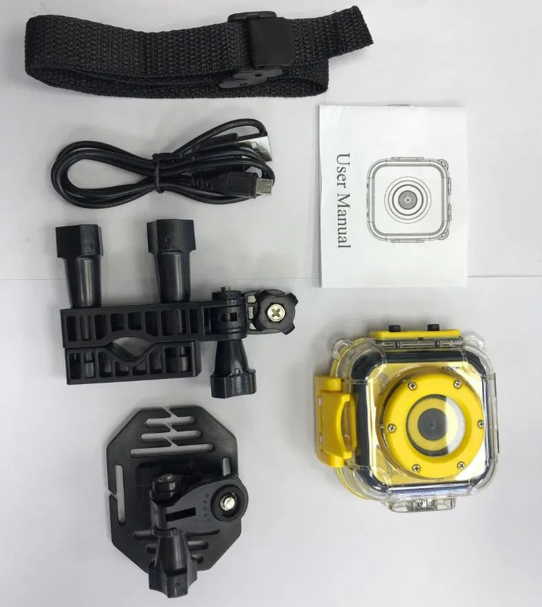 Yellow waterproof children's sports camera with 1.77-inch screen showing HD video recording capability