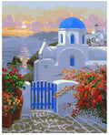 DIY sea view villa oil painting kit with blue colours on 40x50cm linen canvas, brushes, and acrylic paints