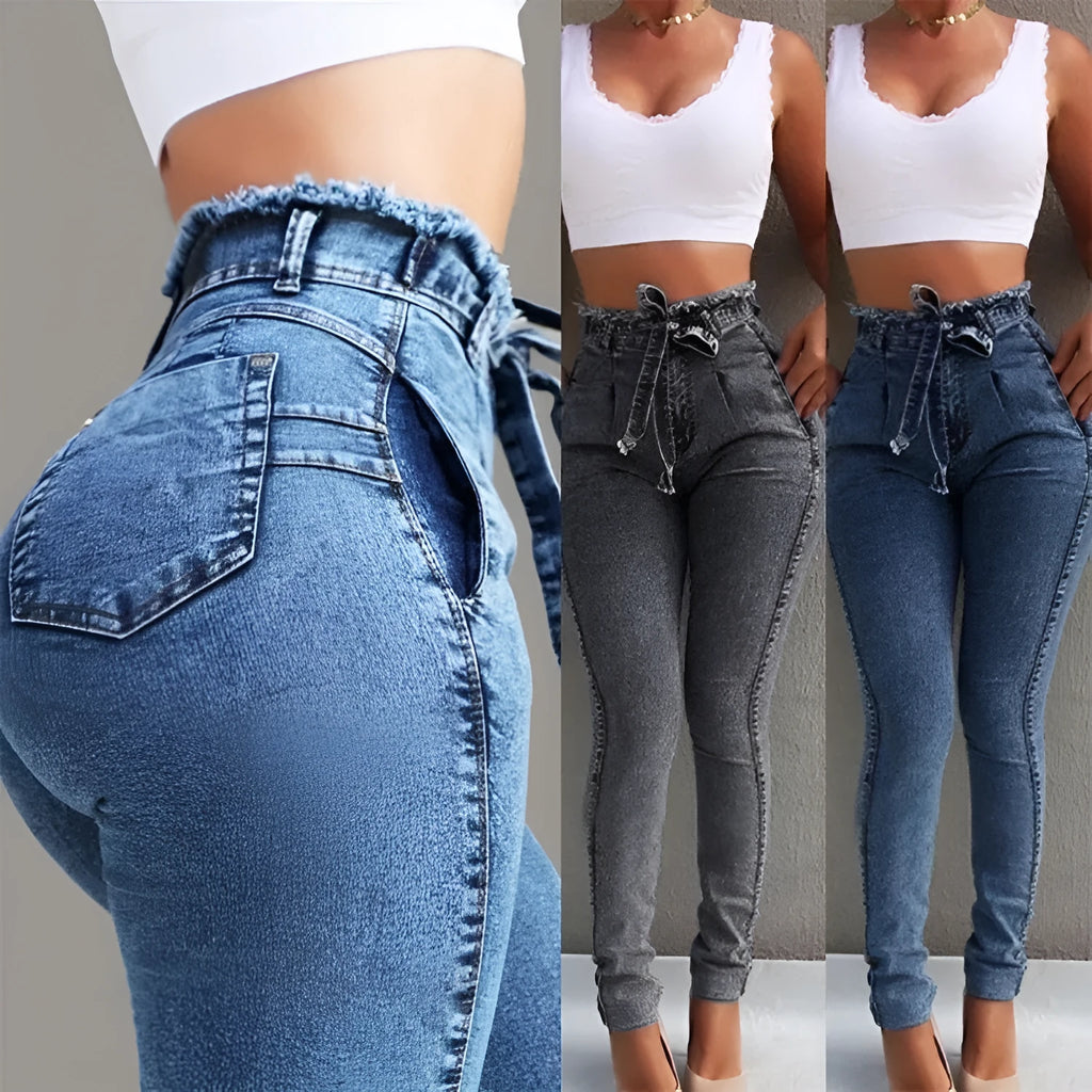 Fringed jeans in cowboy fabric showing fringe detailing, available in dark blue, grey, and light blue colours