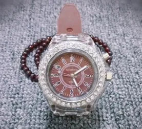 Geneva women's LED luminous quartz watch with silicone strap and round 43mm dial