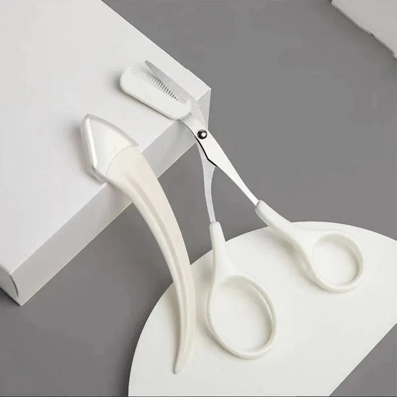 Curved moon shape eyebrow trimming knife with comb in white and pink colours