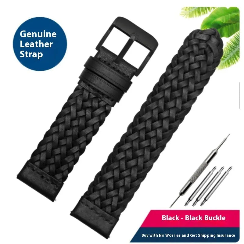 Hand woven genuine leather watch strap with alloy pin buckle, 20mm width, black with silver buckle