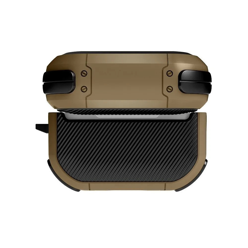 Black TPU and PC plastic protective shell snapped onto a white Apple AirPods Pro charging case.