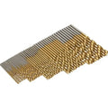 50-piece titanium-coated high speed steel twist drill bit set with sizes from 1.0mm to 6.5mm for metal, wood, and plastic drilling