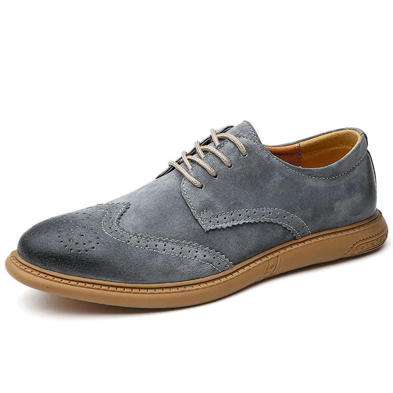 Men's black leather low-top lace-up business shoes with retro styling and visible stitching