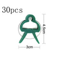Green plastic and zinc plant fixing clips for supporting tomatoes, cucumbers, and climbing vines.
