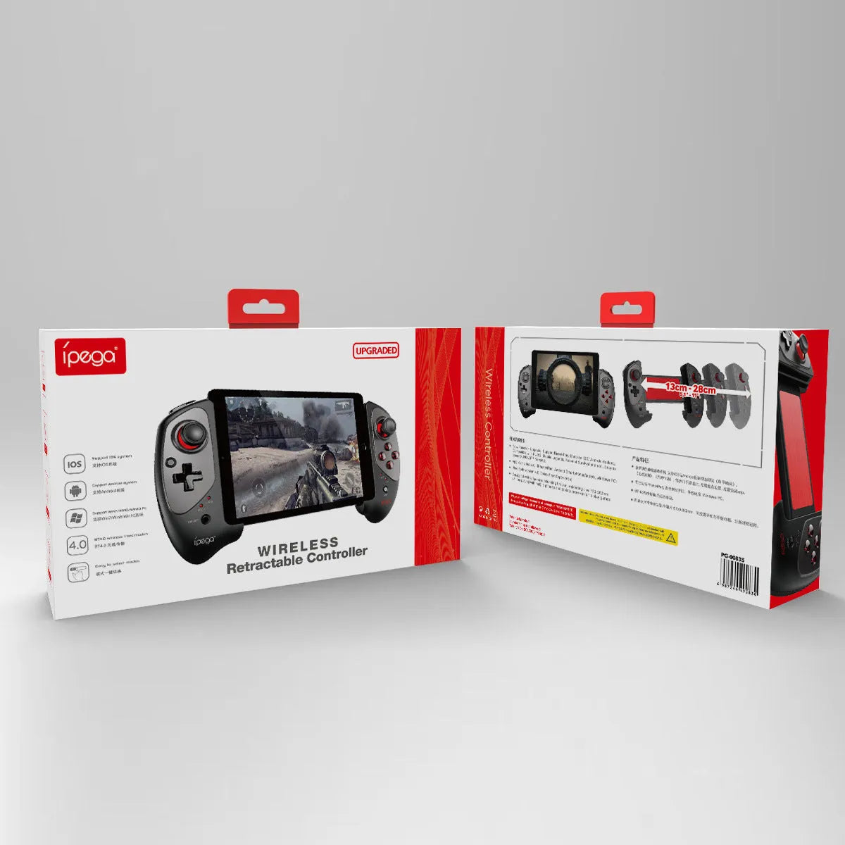 Red telescopic Bluetooth gamepad controller extended with a smartphone held in the centre.