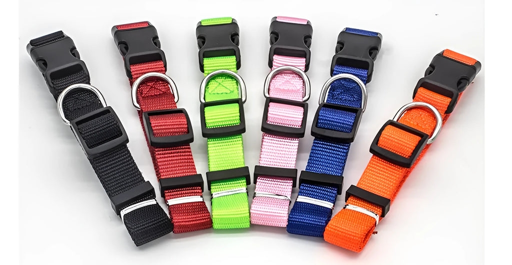 Soft nylon pet collar with plastic buckle and metal D ring, available in multiple colours and sizes