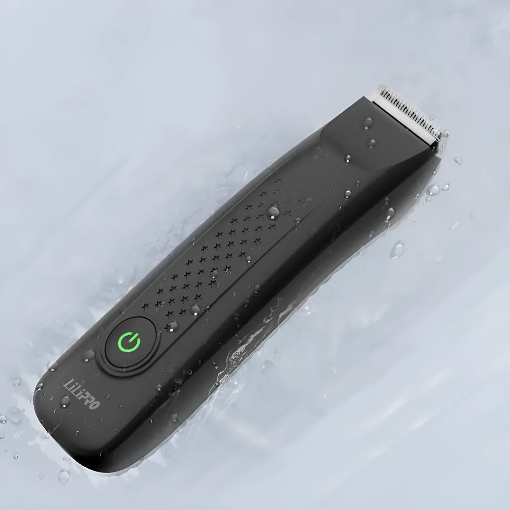 Black rechargeable men's body hair shaver with ceramic blade, waterproof body, USB cable, and limit comb.