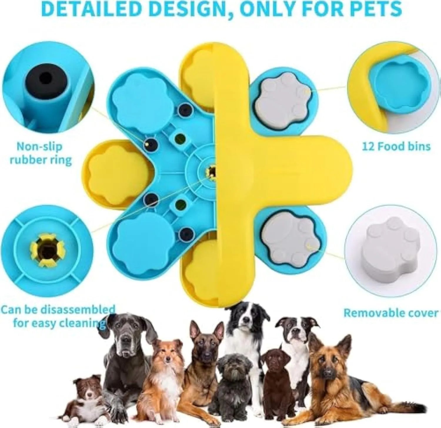 Yellow dog puzzle feeder toy with three-layer rotating lid and anti-slip rubber pads on base.