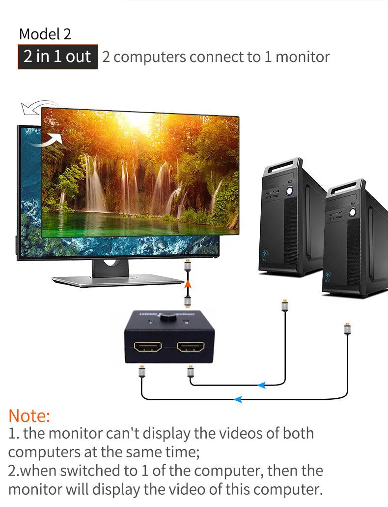 Black plastic HDMI bi-direction switch with 3 HDMI A/F connectors and blue LED indicators