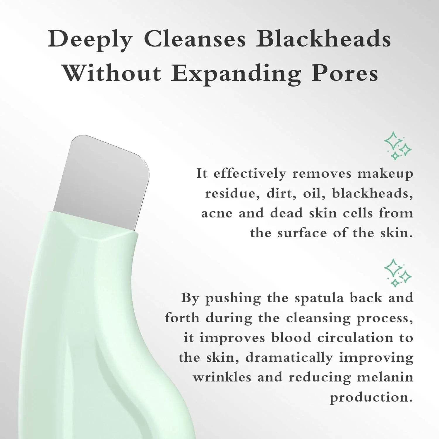 Green stainless steel pore scraper face spatula with a non-slip handle for blackhead removal.