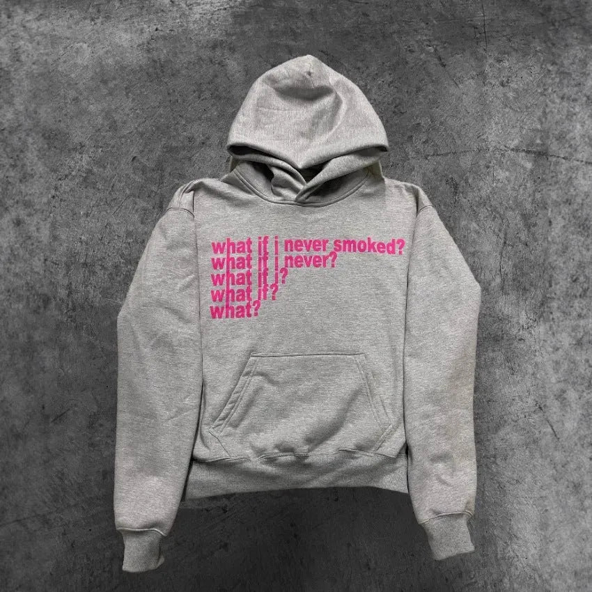 Black hooded sweater with white letter print pattern, hood up, front view