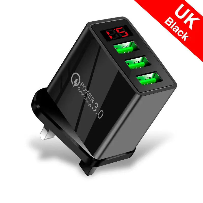 Black LED USB charger with Qualcomm Quick Charge, universal compatibility for phones and tablets