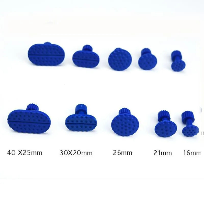 Paintless dent repair kit with 10 rubber tabs, aluminium alloy and stainless steel dent lifter, black handle, assorted coloured tabs