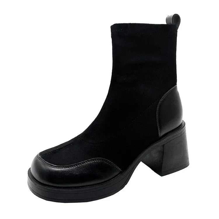 Black thick bottom chunky heel Martin boots for women with rubber sole, side view