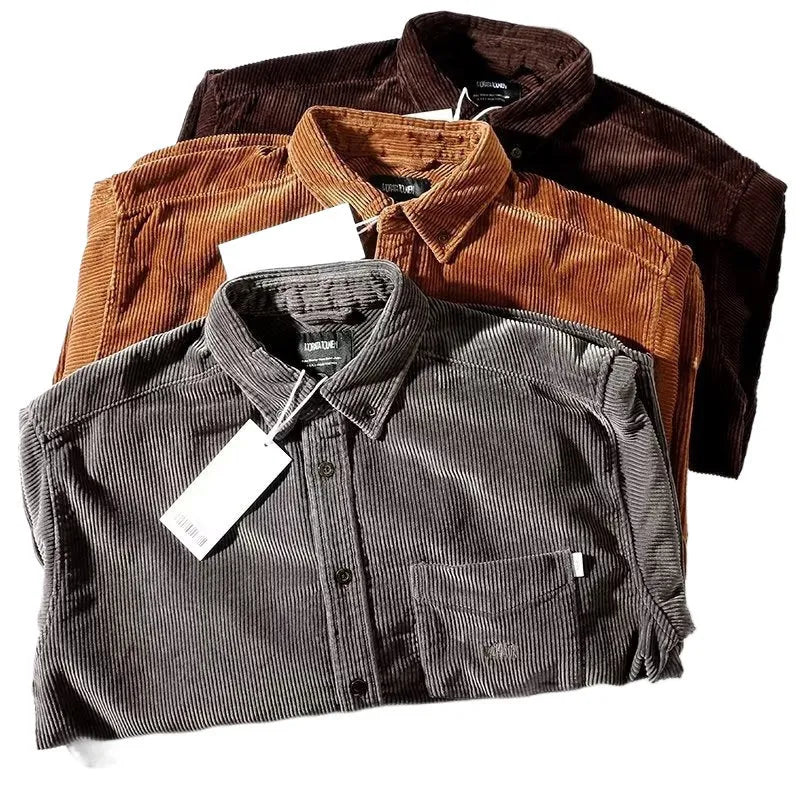 Loose fit Hong Kong style corduroy shirt in caramel colour with long sleeves and cardigan front