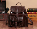Genuine leather Korean-style backpack with cowhide pocket and pull-belt in Black, 28x30x12cm