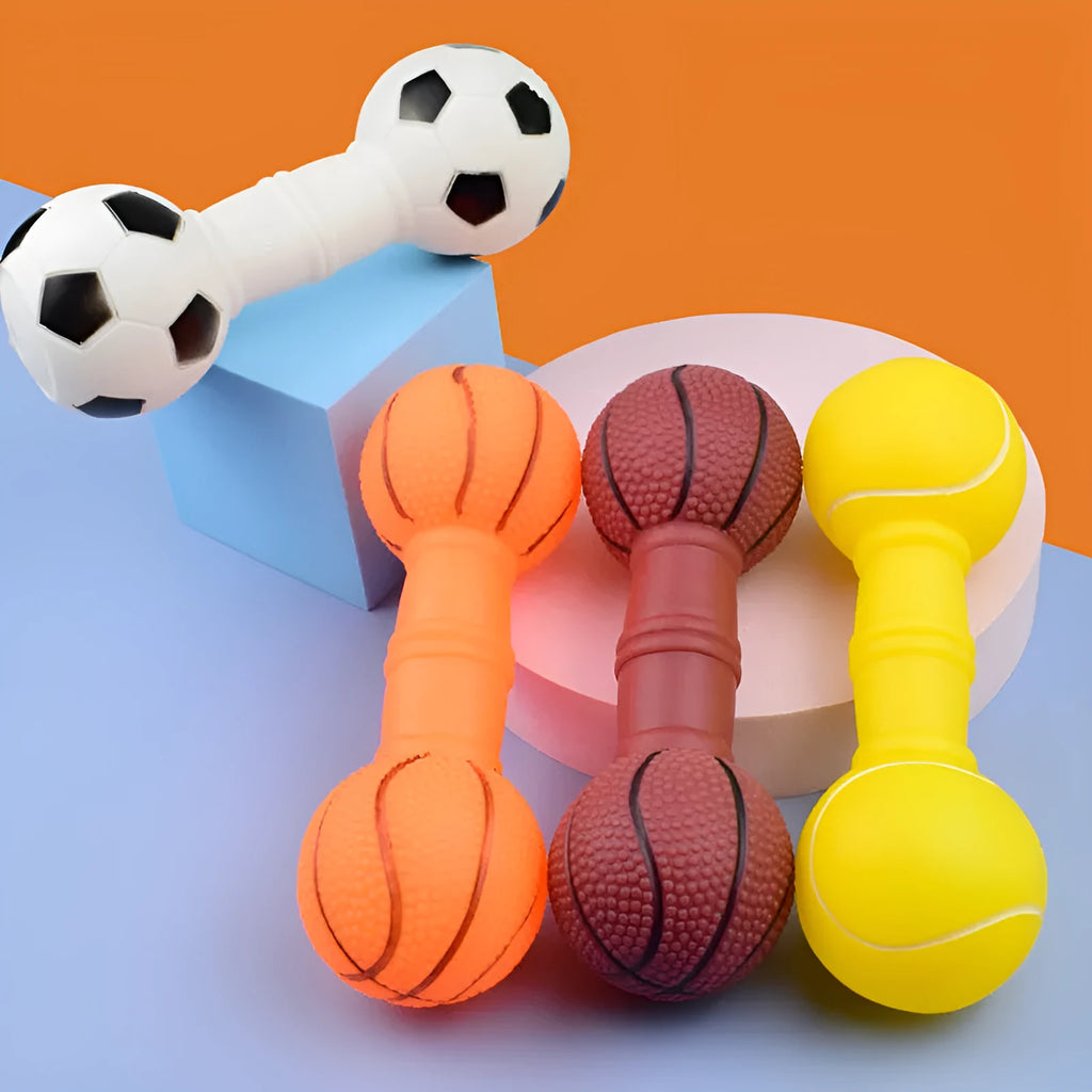 Football dumbbell shaped dog squeaky chew toy in brown, orange, white, and yellow colour options