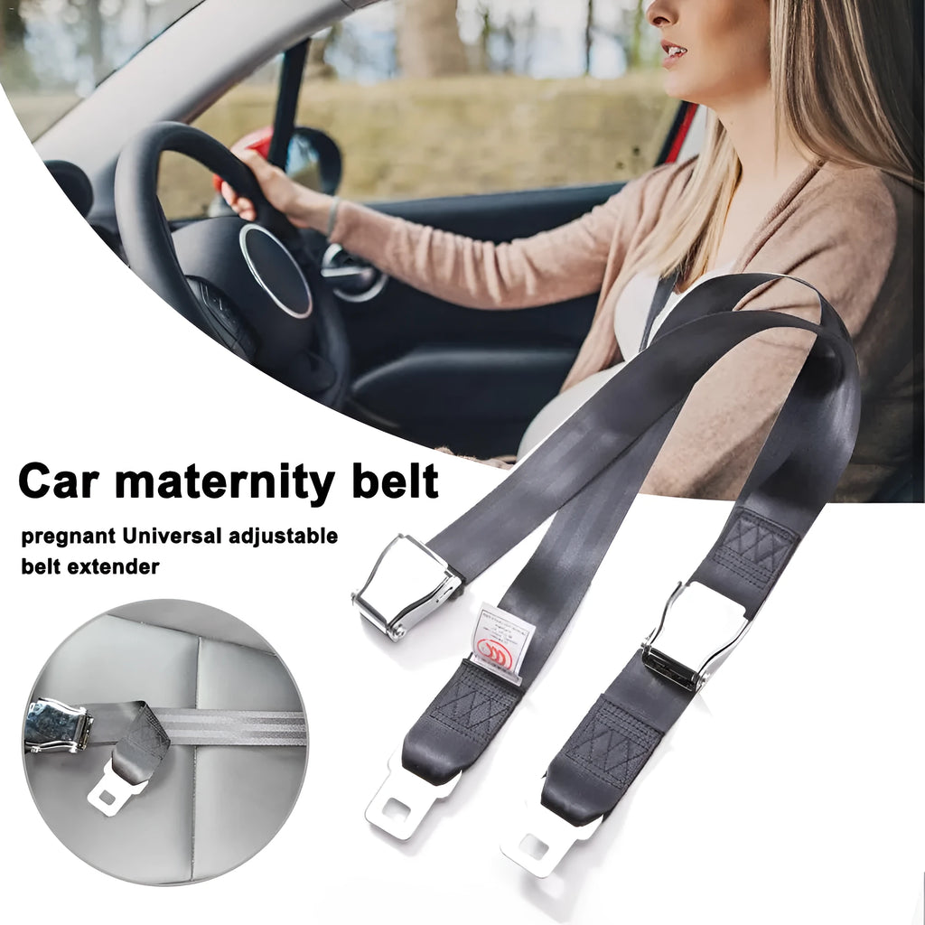 Black polyester pregnancy seat belt extender with double aircraft buckle installed on a car seat