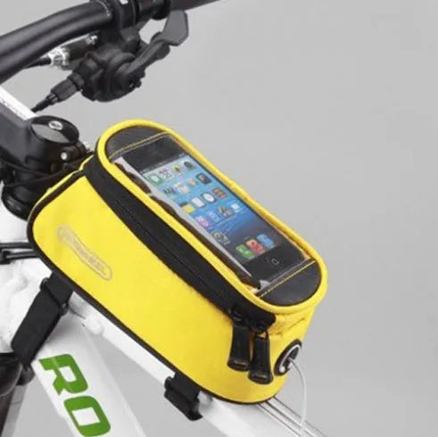 ROSWHEEL black PVC bicycle frame bag mounted on bike, holding a mobile phone.