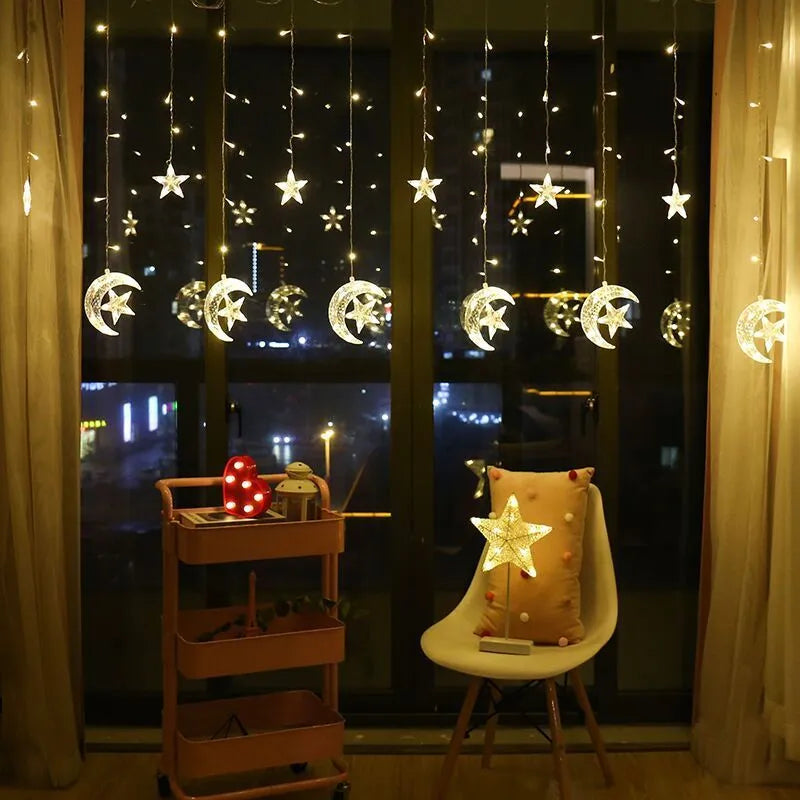 4-metre Christmas LED curtain lights with stars and moons, 138 LEDs, 8 modes, UK plug for indoor window decoration