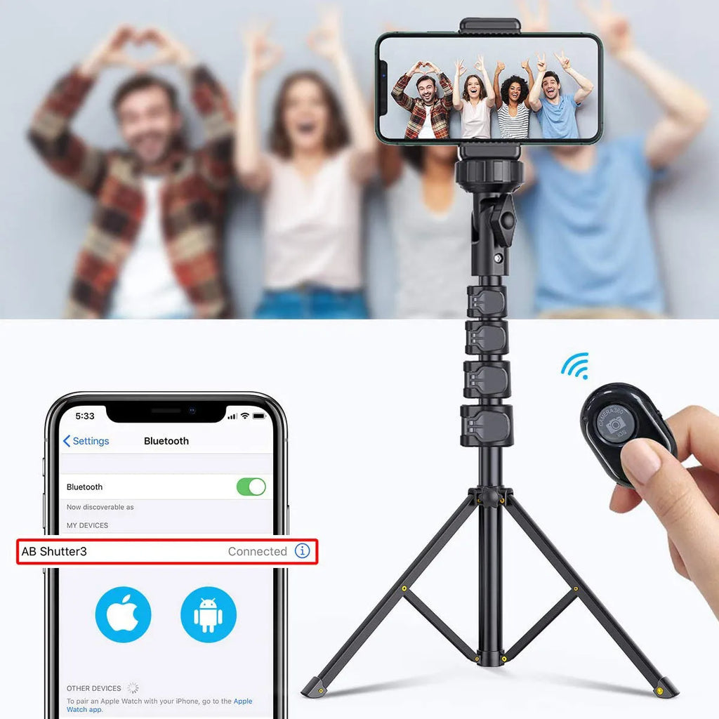Black aluminium selfie stick tripod for iPhone compatible with Apple devices
