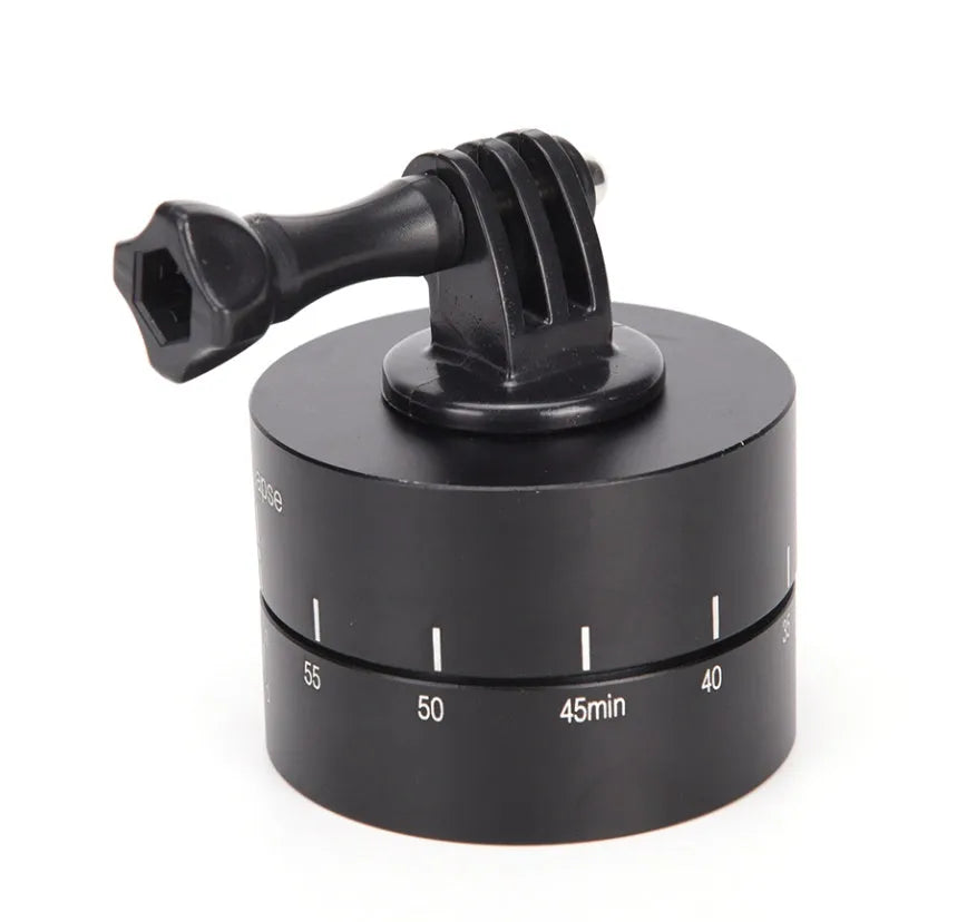 Lapse 360-degree auto rotate motorised camera tripod head on a tripod.