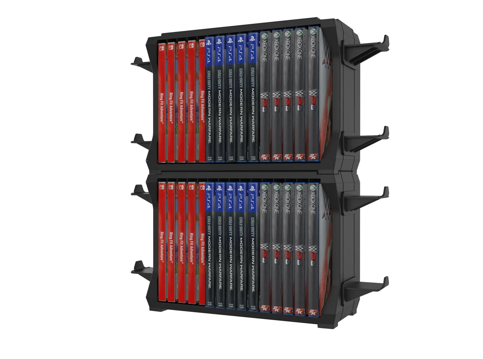 Black PS5 and Xbox Series X disc holder with controller storage compartments