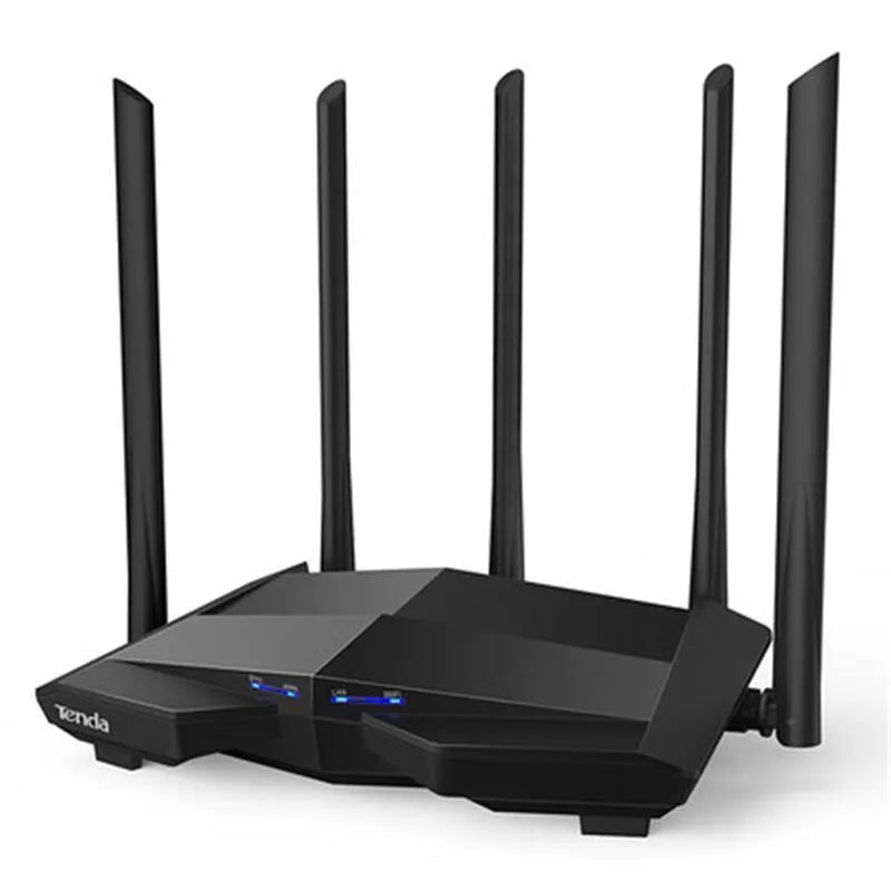 Black AC11 wireless router showing Gigabit ports and compact 220mm design
