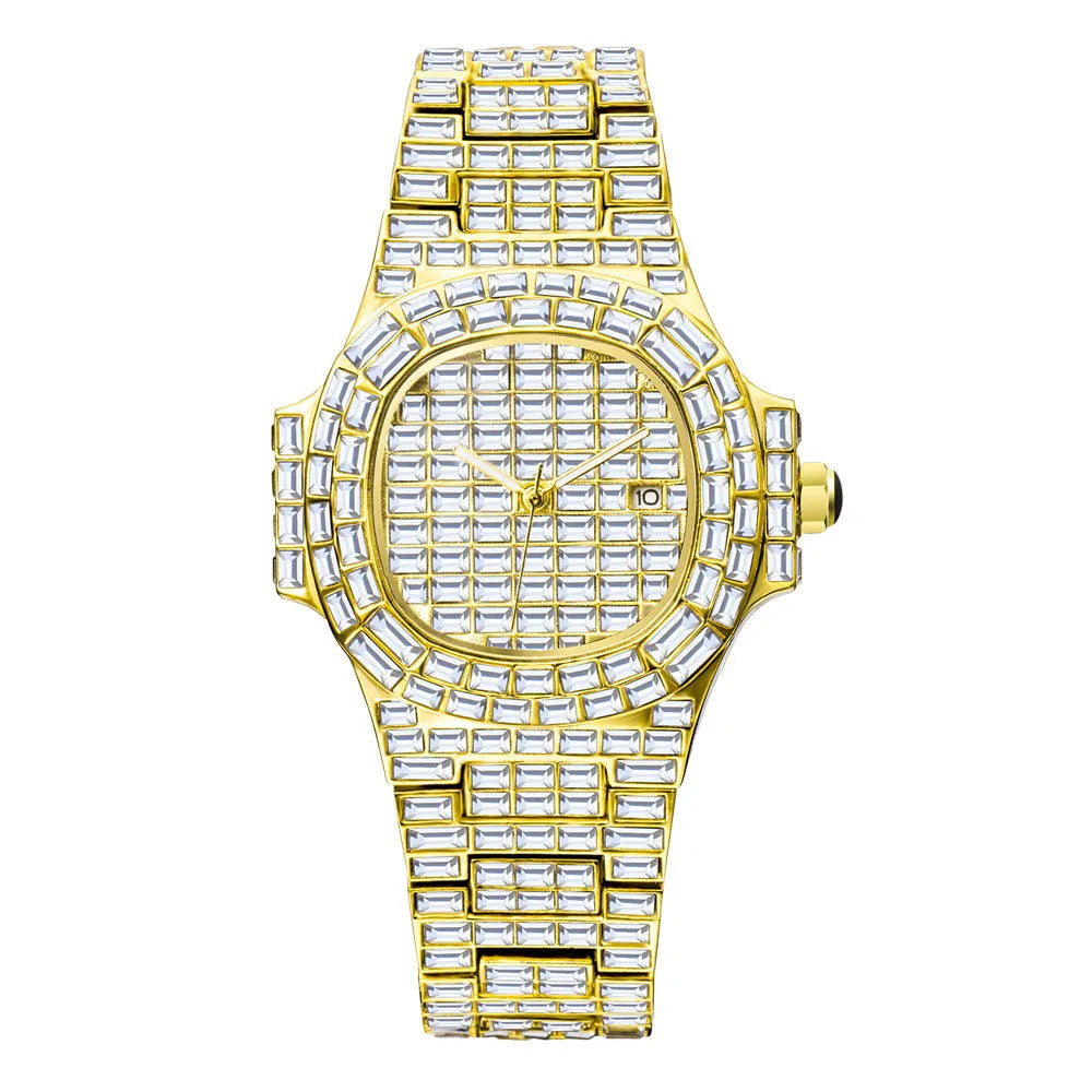 Gold full drill square waterproof calendar quartz watch for men on a light background