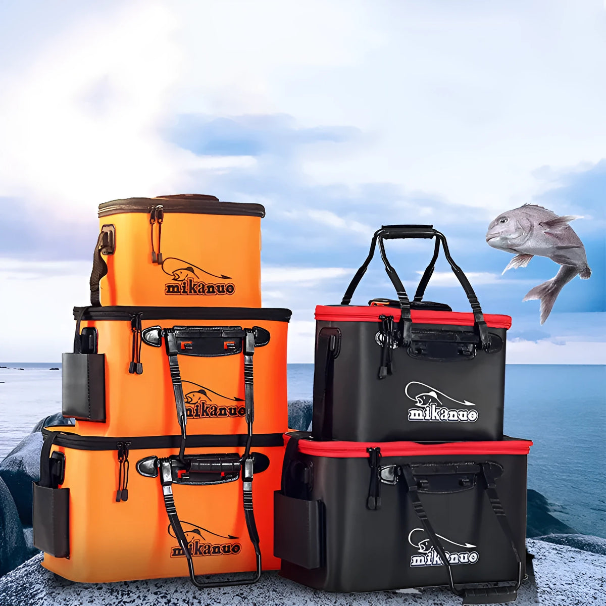 EVA portable fishing bag folded live fish box with thick nylon zipper, black and orange options, 30 cm to 50 cm.