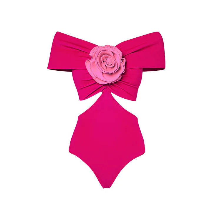Women's floral patterned hollow out one-piece swimsuit with optional matching skirt on hanger.