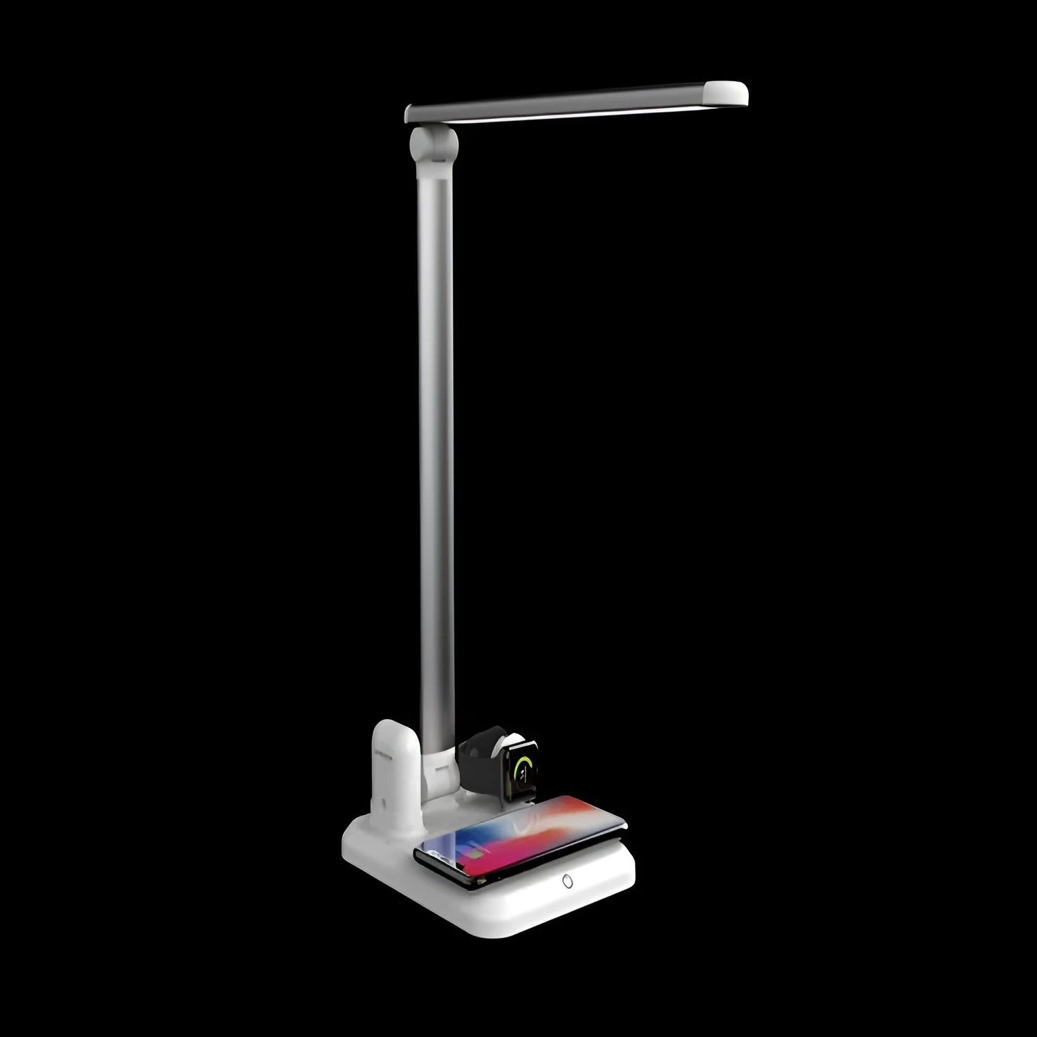 Black and white 4-in-1 LED desk lamp with integrated wireless charging pad and TYPE-C port.
