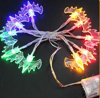 Halloween LED string lights with pumpkin, ghost, bat and spider pendants on a 1.2 metre battery-powered string
