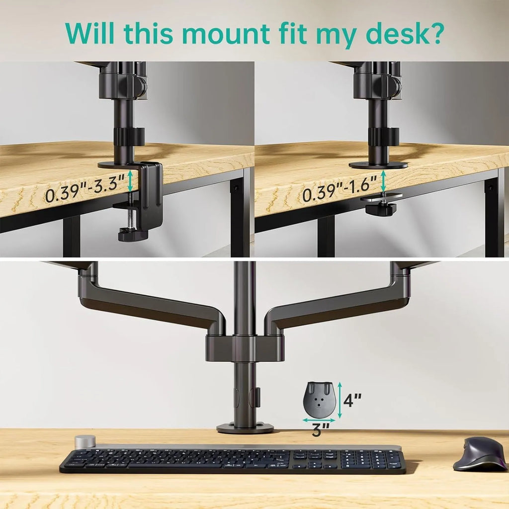 Black three-arm gas spring monitor mounting arm for 13-27 inch screens with aluminium alloy construction