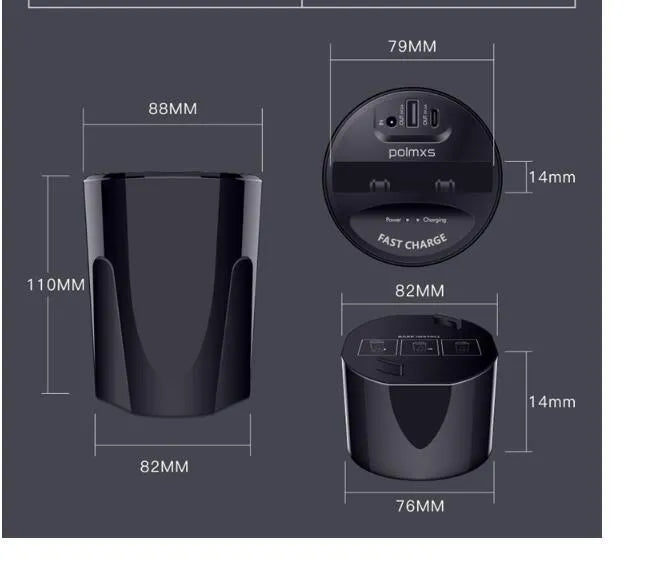 Black X9 car wireless charging cup holder mount with QI charging surface and USB/Type-C ports