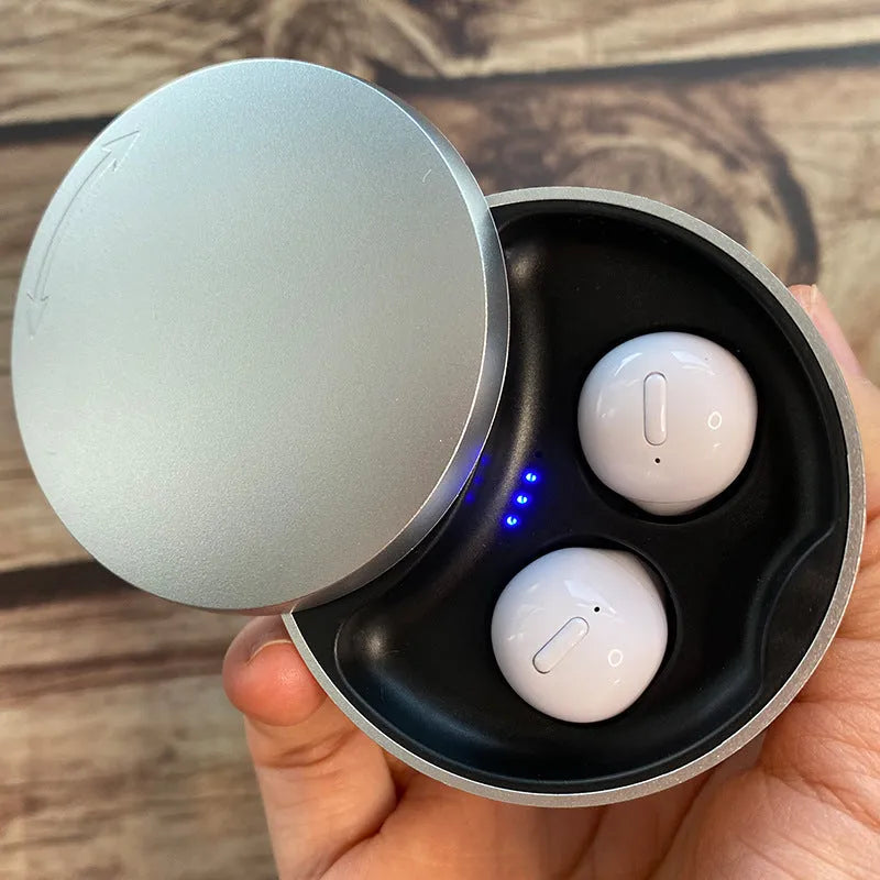 Wireless Bluetooth earbuds in semi-in-ear style with charging case, available in Black, Skin, and White colours