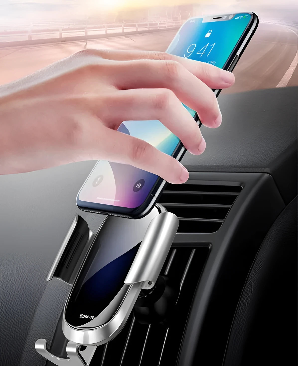 Universal smart car bracket with adjustable arm and suction cup base mounted on car dashboard
