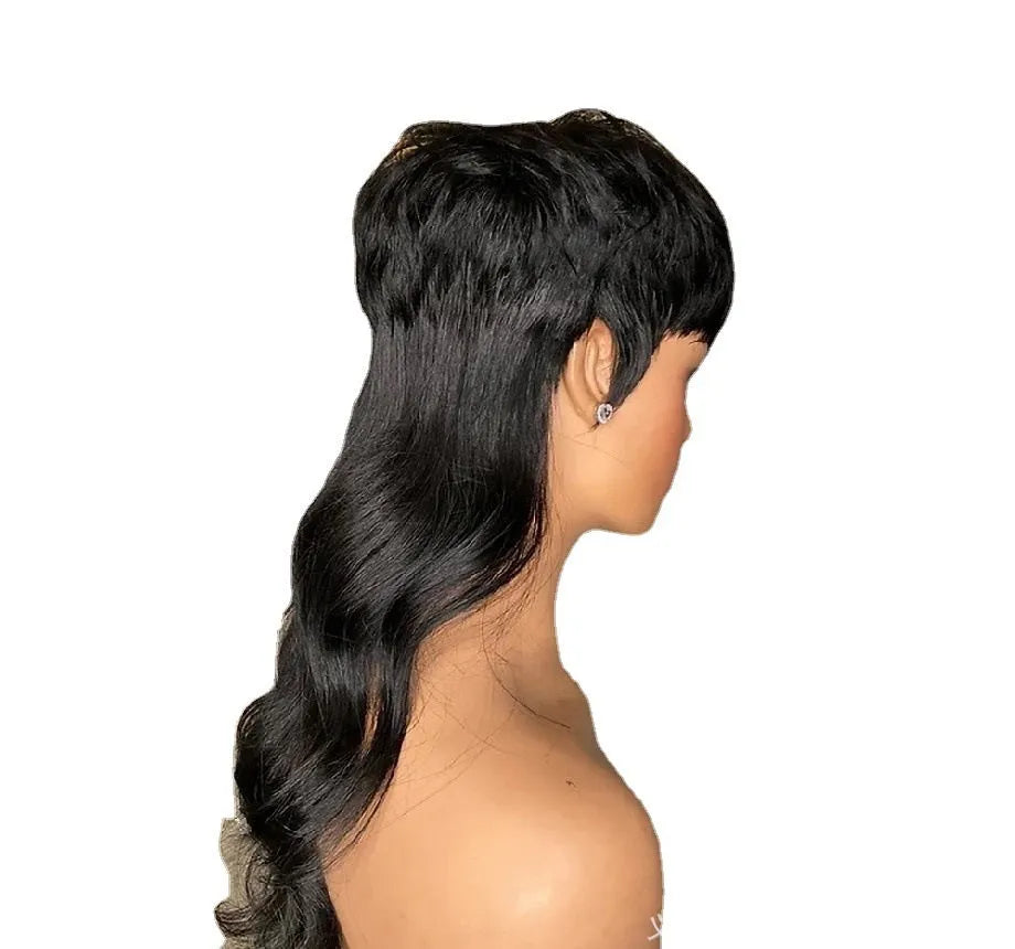 Black Brazilian long wig with bangs, made from high-temperature fibre.