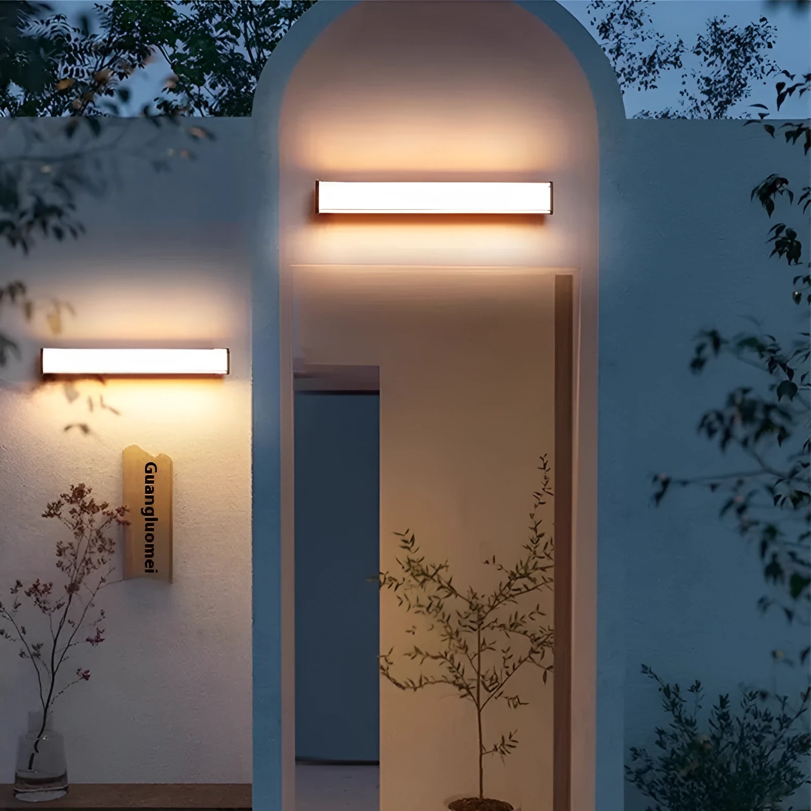 Modern outdoor wall lamp shown mounted on exterior wall, available in five size options for villa and hotel lighting