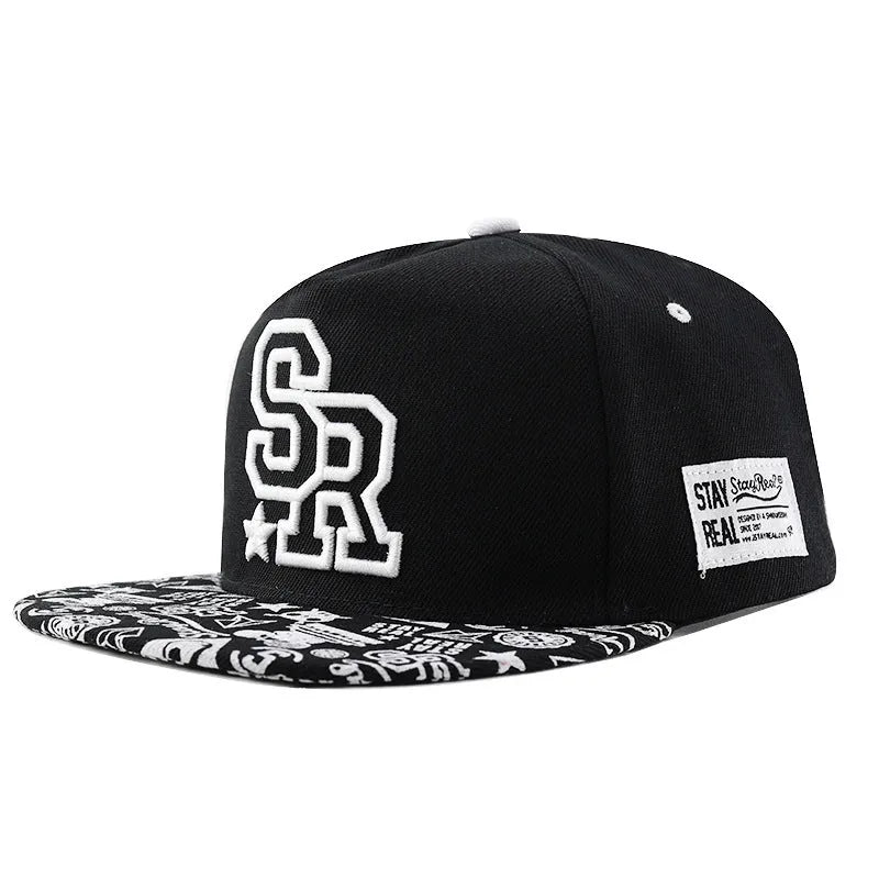 Cotton baseball hat with letter embroidery in SR white colour showing dome crown style