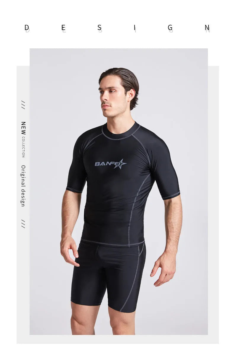 Men's blue quick-dry half sleeve swimsuit for surfing and snorkelling with nylon fabric