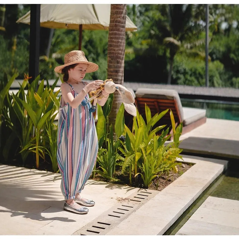 Colourful vertical stripe halter dress for girls, polyester trouser-length style