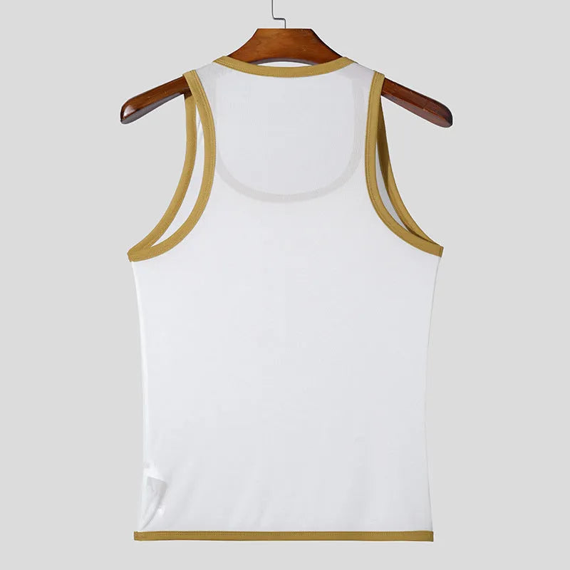 Men's black polyester mesh fitness vest with straight hem for sports activities
