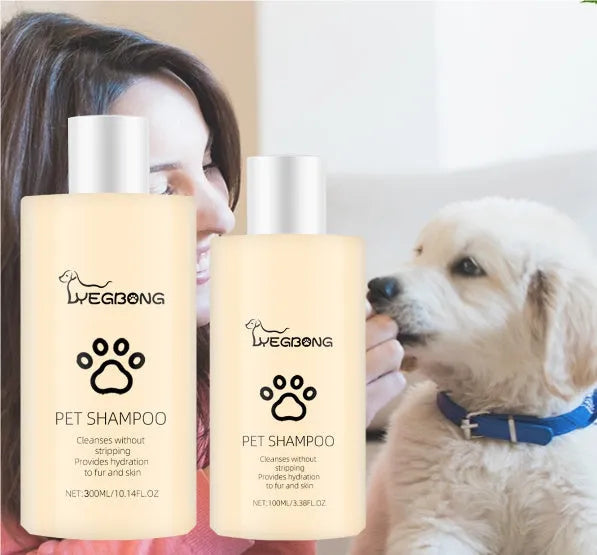 Bottle of mild dog shampoo for soft, tangle-free hair in 100ml and 300ml sizes