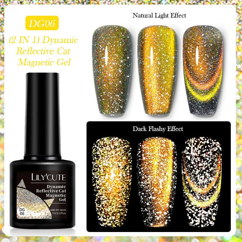 Cat eye effect nail polish gel with glitter and diamond fragments in six colour options